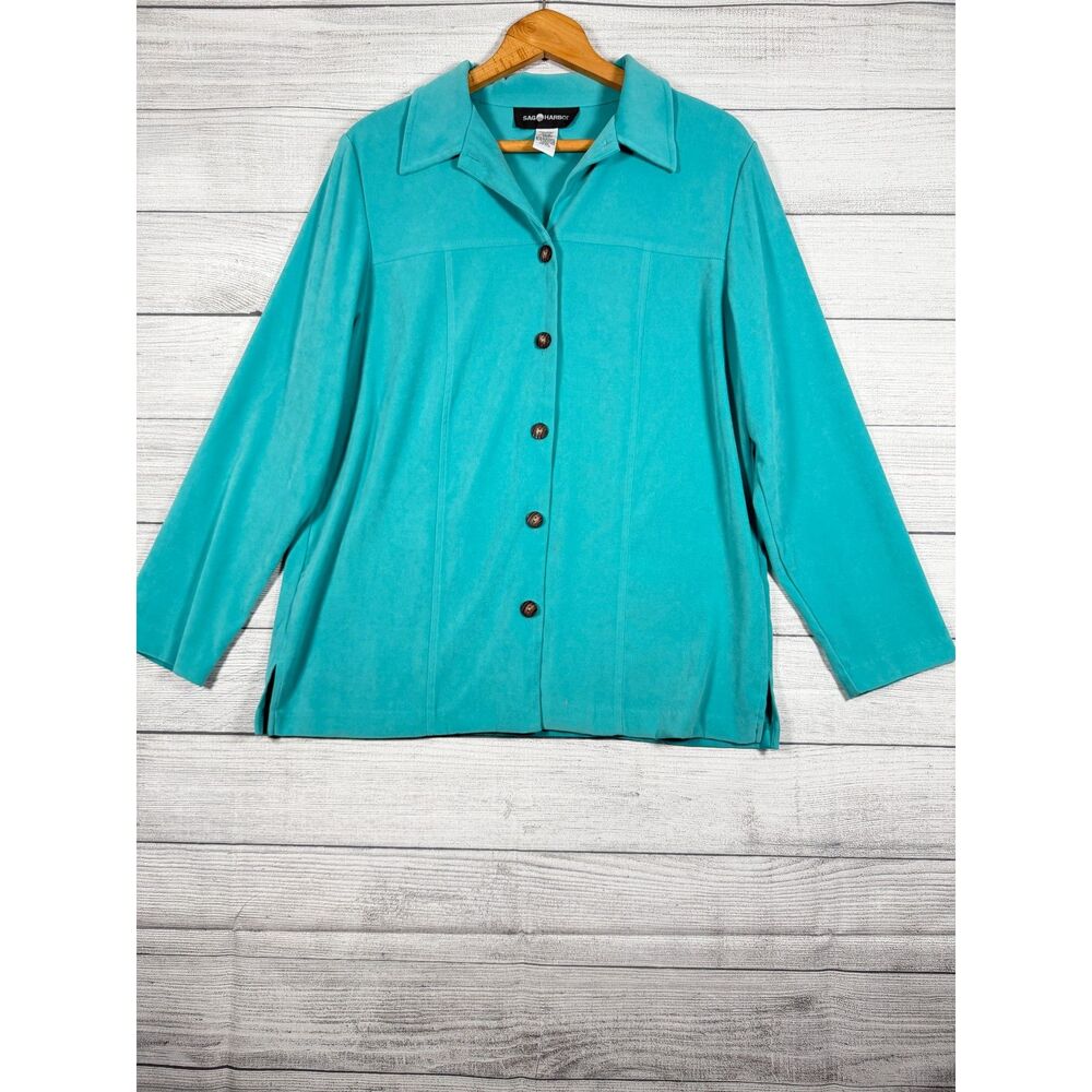 Sag Harbor Womens 12 Teal Turquoise Button Front Stretch Shirt Jacket 4166